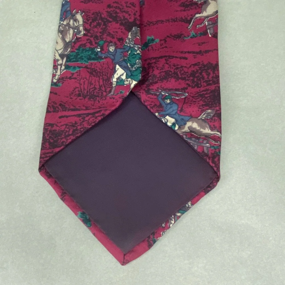 VTG Moore's Equestrian Horse Fox Hunt Silk Tie Burgundy Navy Hunting‎ Dog 57x4